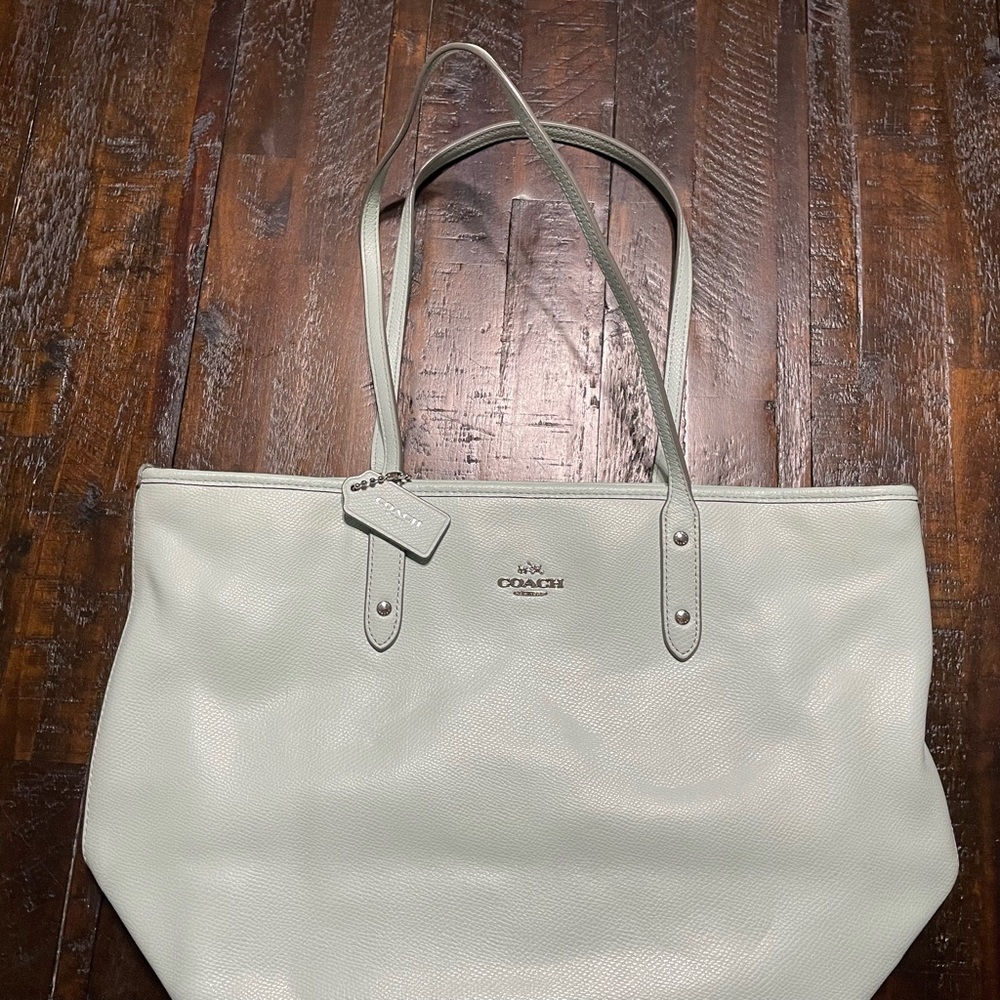 Pastel/mint green Coach leather tote.